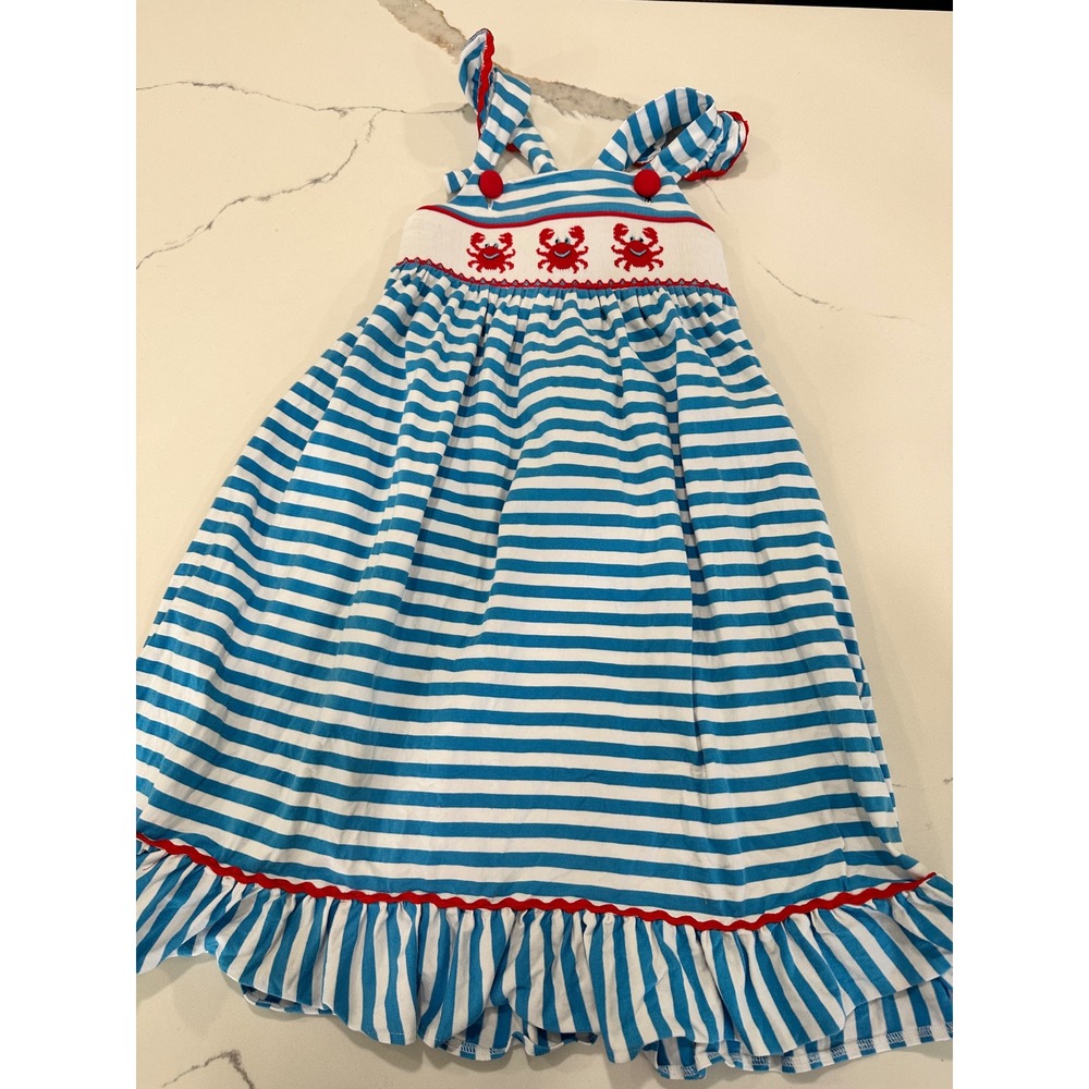 Castles & Crowns Girls Smocked Crab Dress Blue White Stripe Nautical Size 5